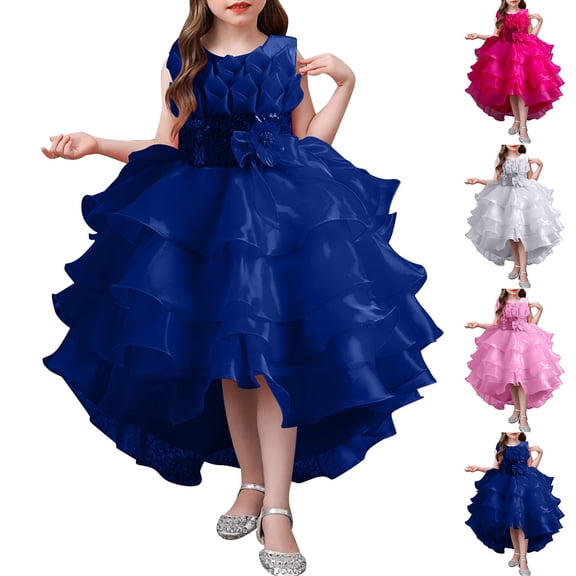 Gunia Flower Girl Dresses For Wedding Sleeveless Solid Color Irregular Mesh Lace Knee Length Trailing Puffy Princess Dress Formal Blue Dress For Girls 3-12 Y