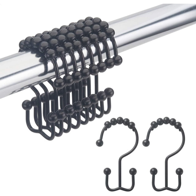 Shower Curtain Rings, Rust-Resistant Metal Double Shower Hooks for Curtain Rolling Shower Curtain Hooks Rings Shower Rings for Bathroom Shower Curtain Rod , Nickel, Set of 12 Rings