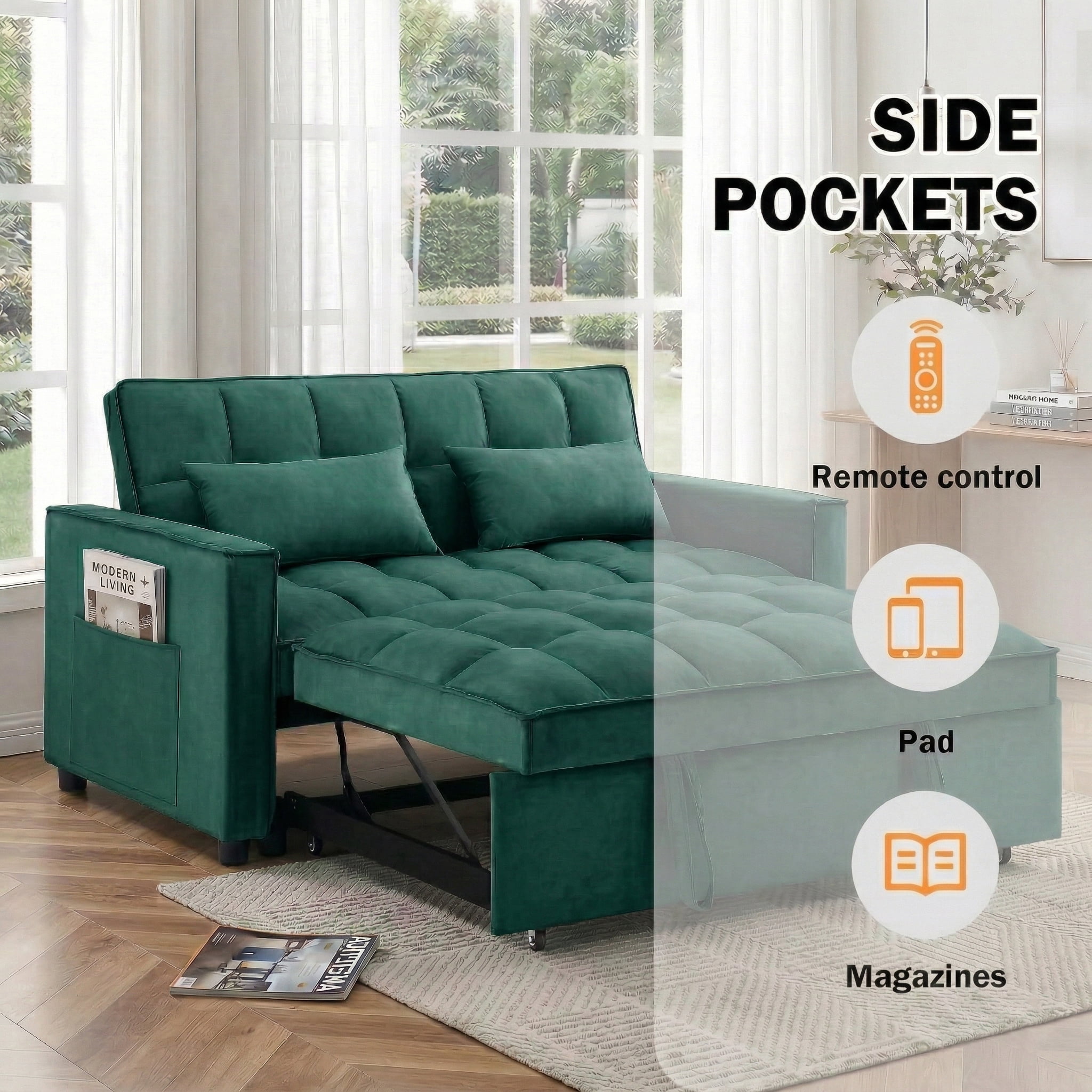 Avobird 3-in-1 Velvet Convertible Sleeper Sofa, Pull Out Couch Bed with Adjustable Backrest & Storage, Green