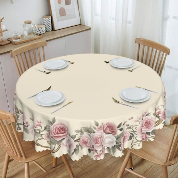Vintage Pink Rose Floral Wreath PlateRound Tablecloth Waterproof Oil Proof Spill Proof Table Cloth 70" for Camping, Dining, Indoor and Outdoor Table Cover
