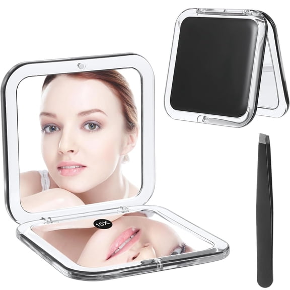 GoXteam 1X/15X Magnifying Mirror, Pocket Mirror for Purse, Travel Makeup Mirror with 15X/1X Magnification, Travel Essentials Mirror, Precision Tweezers, for Women, Black