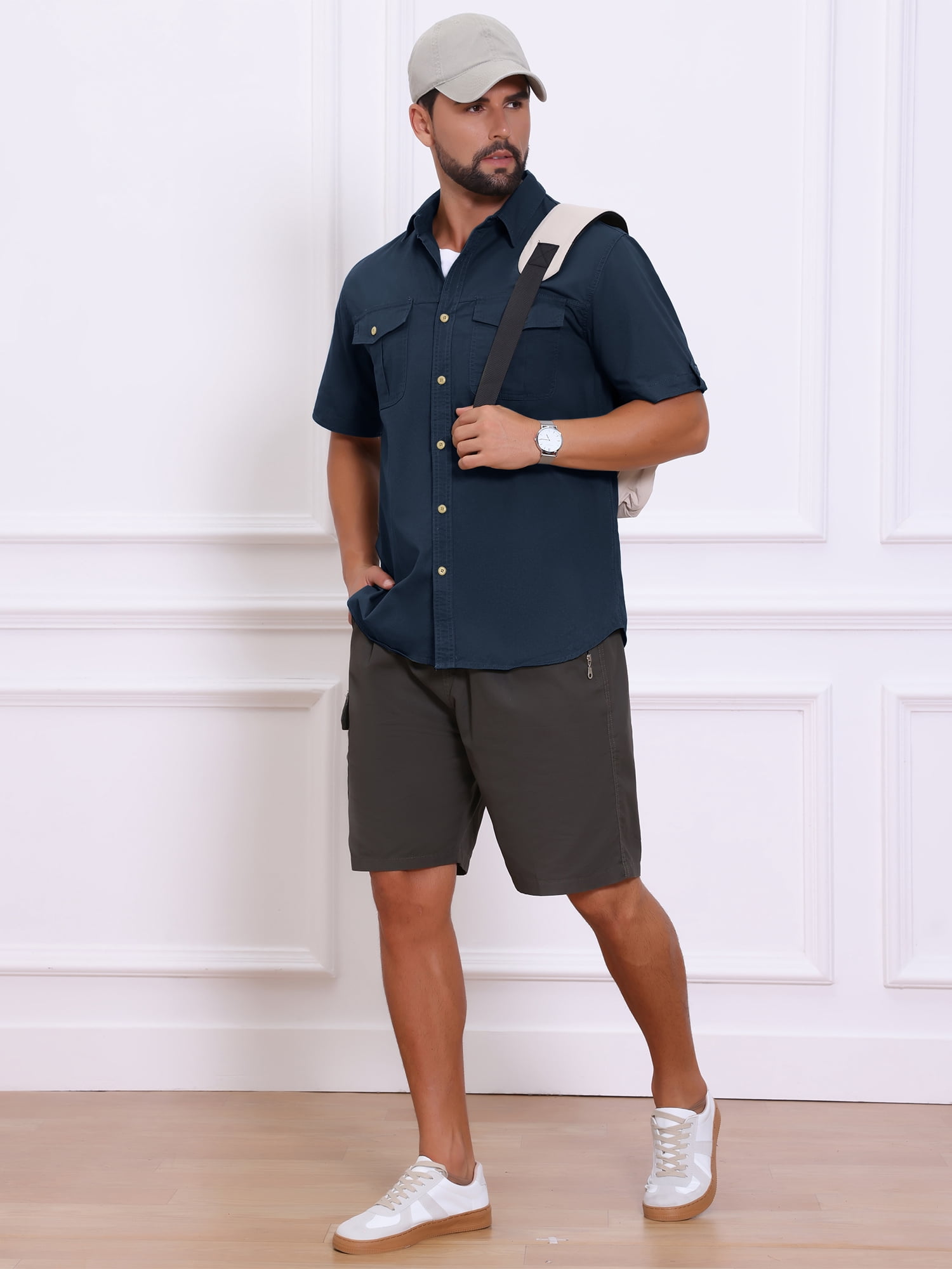 DARING DIVA Men's Fishing Shirt Summer Short Sleeve Hiking Cargo Shirts XL Navy Blue
