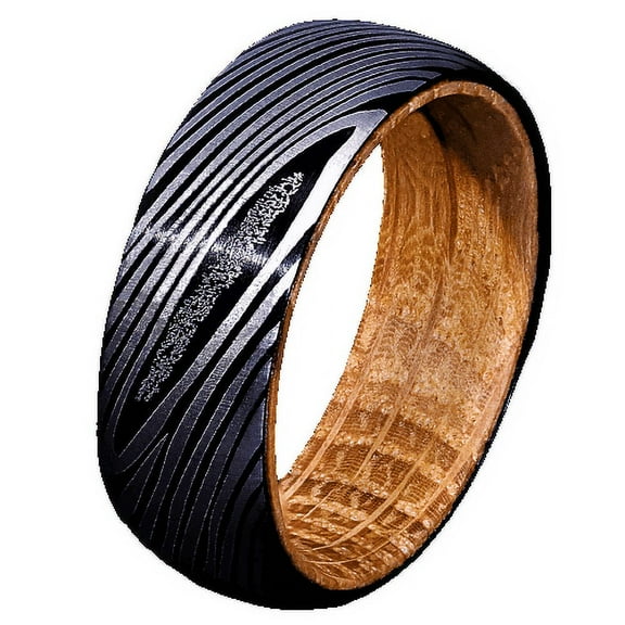 Tungsten Rings for Men Wedding Bands for Him Womens Wedding Bands for Her 8mm Black Damascus Steel with Whiskey Barrel Wood Sleeve Rings