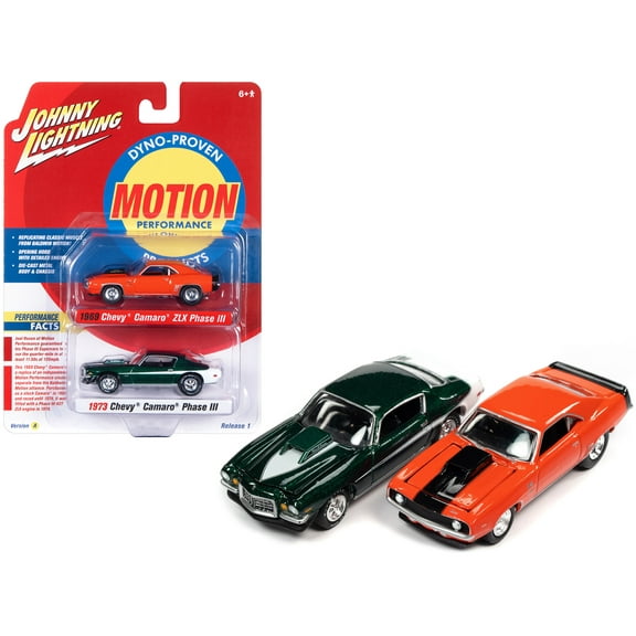 1969 Chevrolet Camaro ZLX Phase III Hugger Orange w/Black & 1973 Phase III Dark Green 1/64 Diecast Model Cars Johnny Lightning