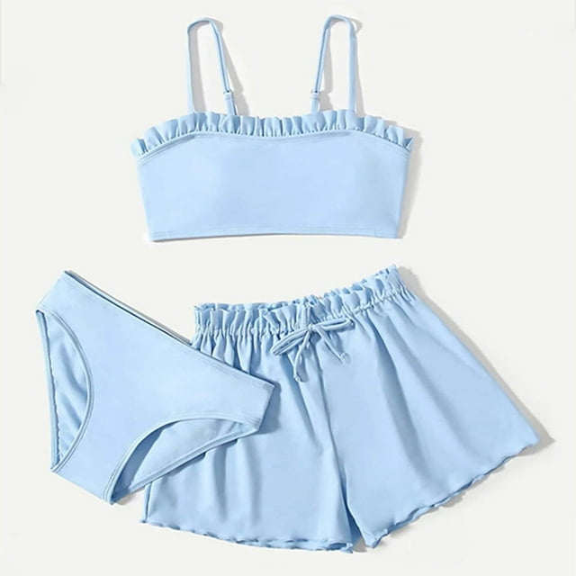 IROINID Mode Filles Maillot de Bain Sans Manches Uni Maillot de Bain Bikini Ensembles Bleu 140