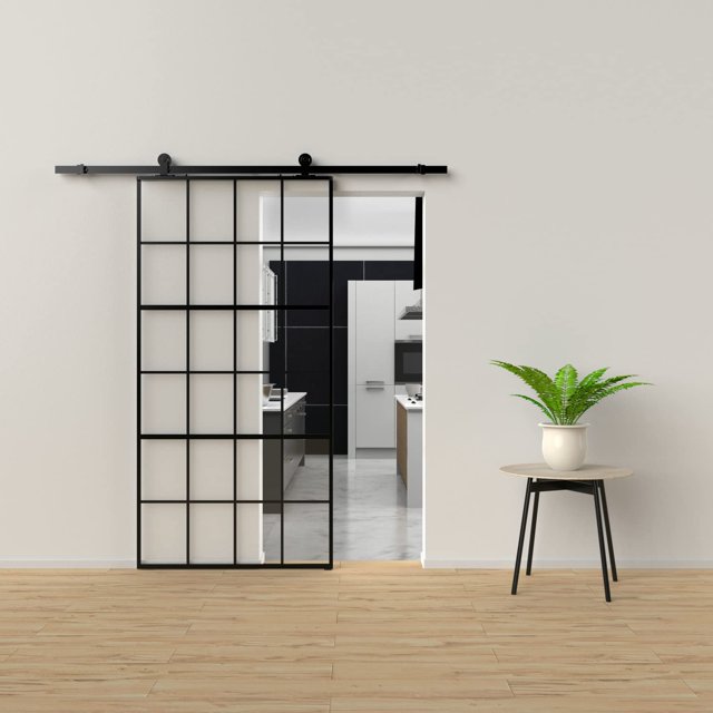 Glass Sliding Barn Door Clear Tempered Glass Black Finish Aluminum