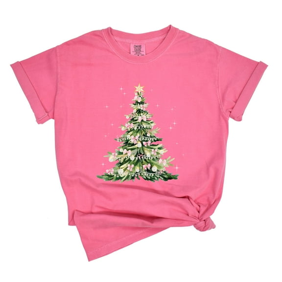 Watercolor Christmas Tree Sparkle - Women's Garment Dyed Tee
