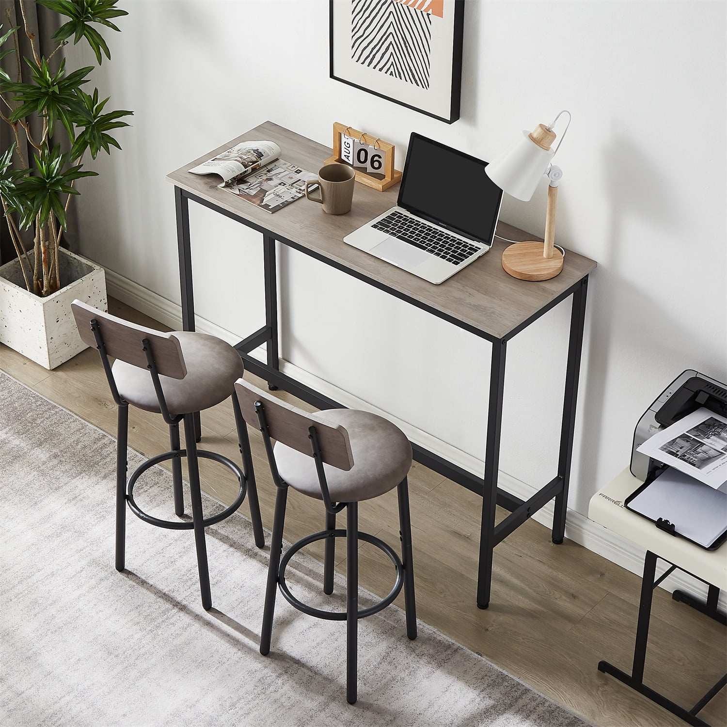 Bar Table Set with 2 Round Bar Stools PU Soft Seat with Backrest Modern