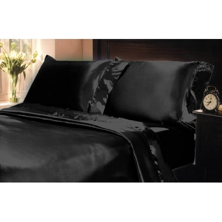 - 4-Pc Poly Satin Bed Sheet Pillowcase Set 15 inch Deep Pocket Lingerie Silk-like Charmeuse Queen Black