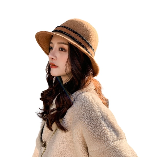 Gorro de invierno de color liso para mujer, gorro de lana tipo cloche con lazo, gorro de fieltro, gorro de pescador, gorro de lana estilo vintage ajustable