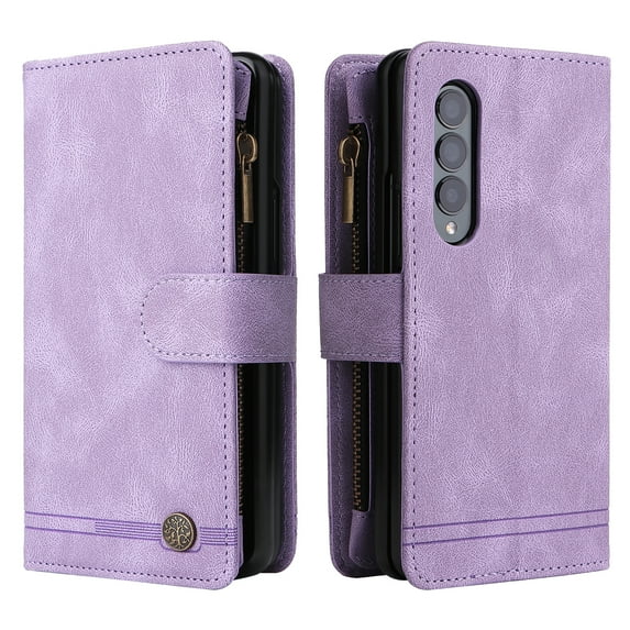 Allytech Galaxy Z Fold 3 Case Wallet, PU Leather Magnetic Clasp Flip Hand Wrist Shoulder Strap Multiple Cards Holder Protective Wallet Case Cover for Samsung Galaxy Z Fold 3 - Purple