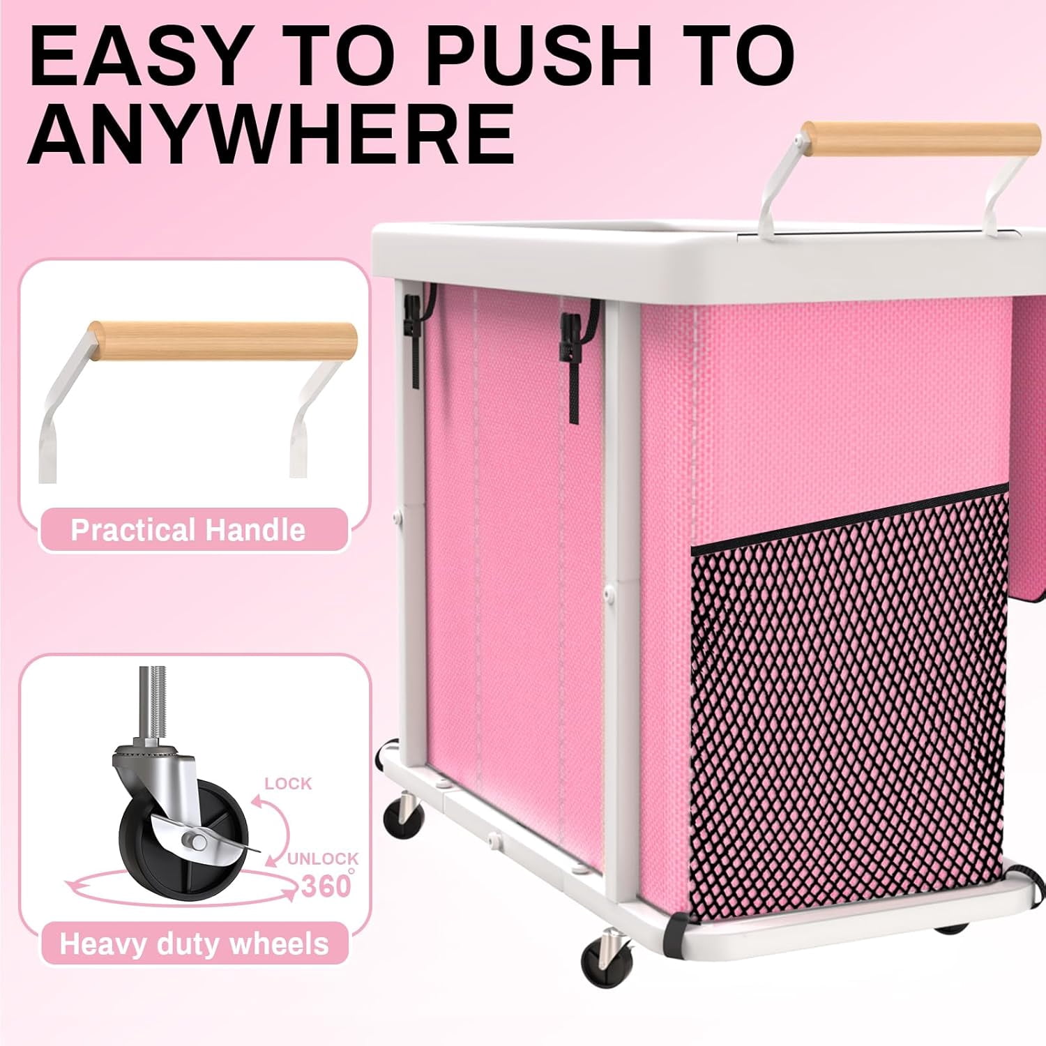 230L (60 Gal) Extra Large Fashion Laundry Sorter 3 Section with Lid, Rolling Laundry Basket Hamper with Handle, Laundry Organizer Storage Cart with Sturdy Metal Frame for Laundry Room, Hotel, Pink