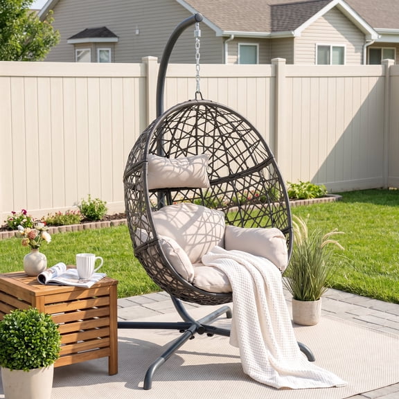 RADIATA Hanging Egg Chair with Stand, Outdoor Indoor Wicker Swing Chair, 350Lbs Nest Chair with Cushions, All-Weather Patio Hammock Seat for Porch Balcony Garden, Beige