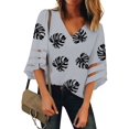 thumbnail image 1 of Women's Casual V Neck Blouse 3/4 Bell Sleeve Mesh Panel Solid Color Tops Loose Fit Shirts, 1 of 2