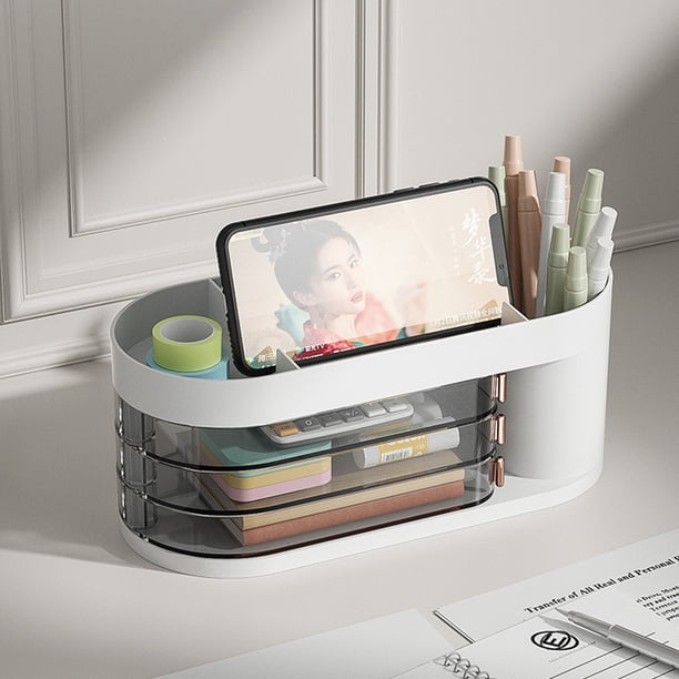 Organizador de maquillaje de escritorio Caja giratoria Portalápices para ahorrar espacio (Blanco)