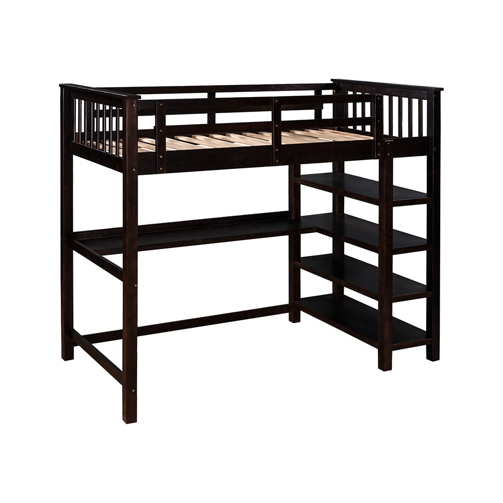 Lowestbest Twin Rubber Wood Loft Bed with Open Storage Shelves and Under-bed Desk, Espresso Lowestbest Twin Rubber Wood Loft Bed with Open Storage Shelves and Under-bed Desk, Espresso