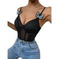 thumbnail image 4 of Seyurigaoka Women's Deep V Neck Bodysuit Sleeveless Contrast Mesh Underwire Teddy Lingerie with Butterfly Appliques, 4 of 7