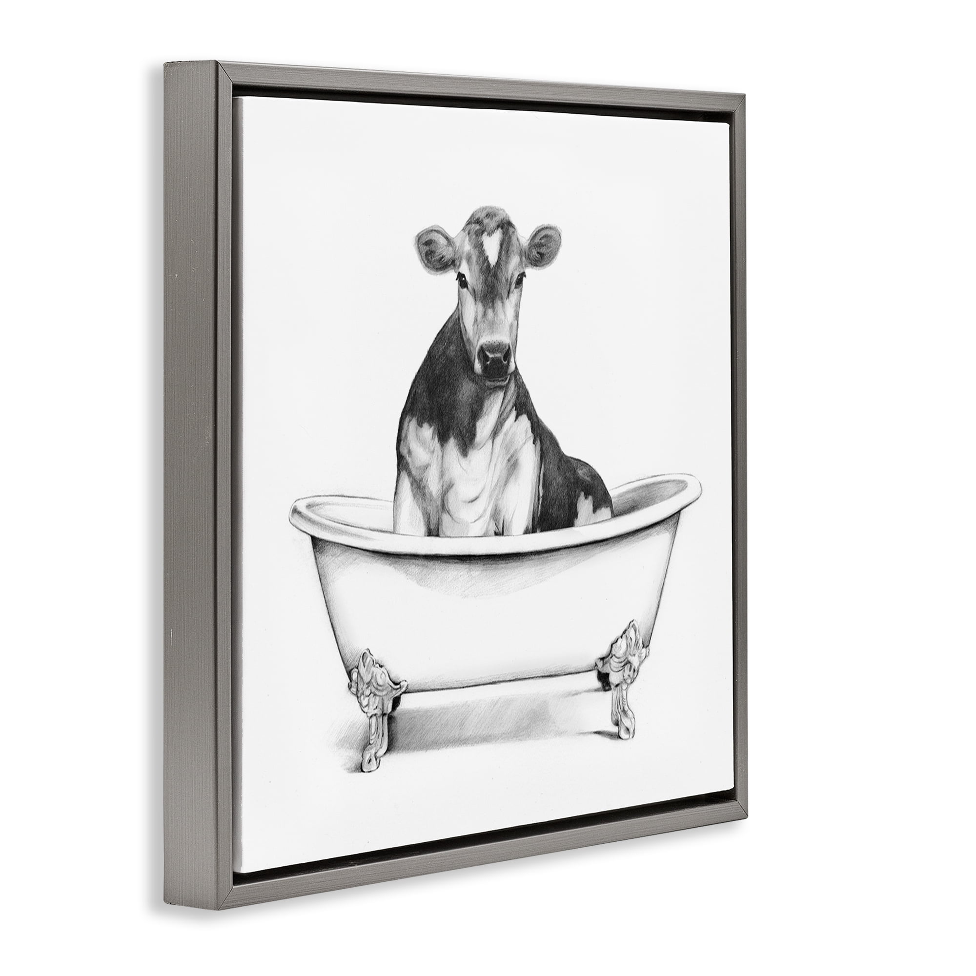 Cow in Bathtub Sketch Gray Floating Frame Canvas Art, 18 x 18