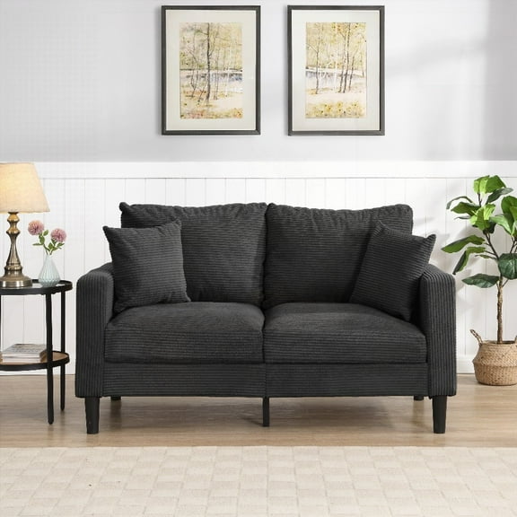 Modern 2-Seater Loveseat Sofa, 57" High, Dark Gray, Wooden Frame