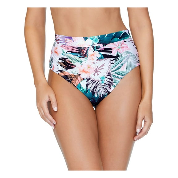 RAISINS Women's White Tropical Print Stretch Lined Full Coverage Eco Capsule High Waisted Swimsuit Bottom L