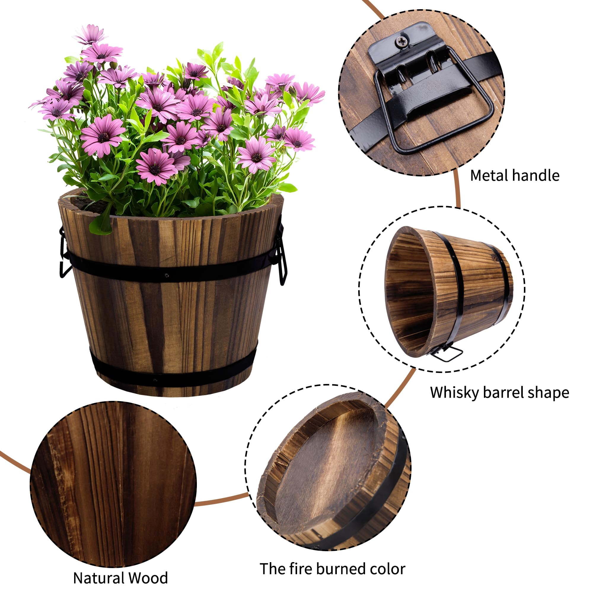 4 Pack Wooden Whiskey Barrel Planters-Set of 4 Sizes,Rustic Wood Bucket Garden Containers for Indoor Outdoor Plants (4.7", 6.1", 7.1", 9")