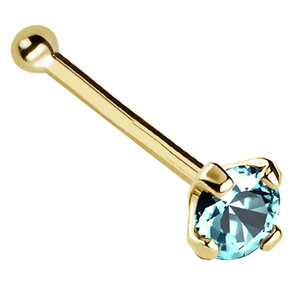 22G Solid 14Kt Gold Nose Bone Stud with Prong Set real Blue Topaz Gemstone, 14kt Yellow Gold or 14kt White Gold - November Birthstone Nose Ring-NBYG_TP-2.5MM