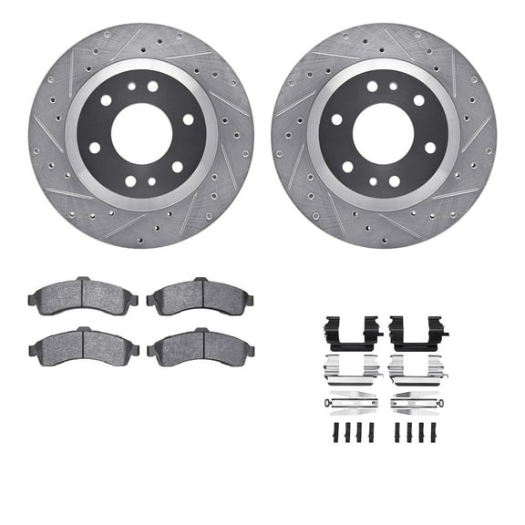 Dynamic Friction Company Front Brake Rotors-Drilled and Slotted-Silver with Heavy Duty Brake Pads includes Hardware 7212-48019