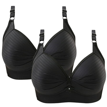 TrendVibe365 No Wire Bras for Women Plus Size Pack of 2 Wireless Push up Bralettes Padded Triangle Adjustable Strap Bustier Full Coverage Crop Cami Top Comfort Lingerie Black 3XL