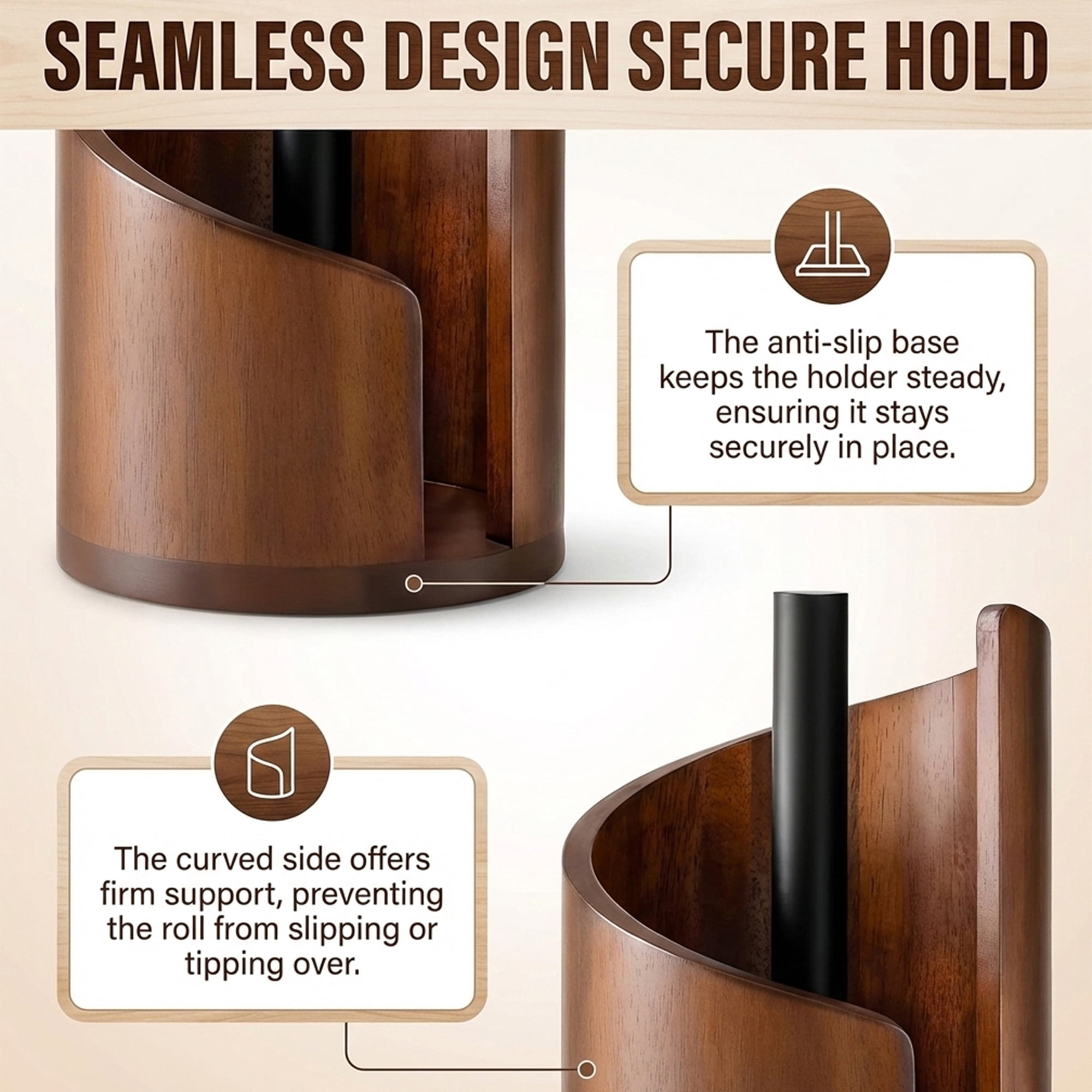 Standing Pine Wood Paper Towel Holder, 11.5" Countertop Dispenser Fits Jumbo Rolls, Modern Semi-Enclosed Design for One-Handed Tear, Brown/Natural/Black