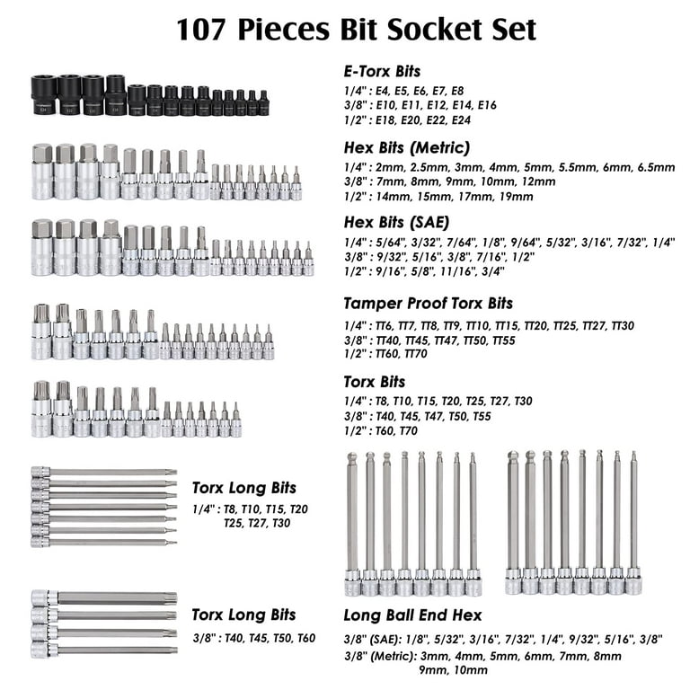 MIXPOWER 107 Piece 1/4 inch, 3/8 inch & 1/2 inch Drive Bit Socket Set,  Torx/Extra Long Torx/Tamper Proof Torx/Hex/Ball End Hex, SAE & Metric Bit 