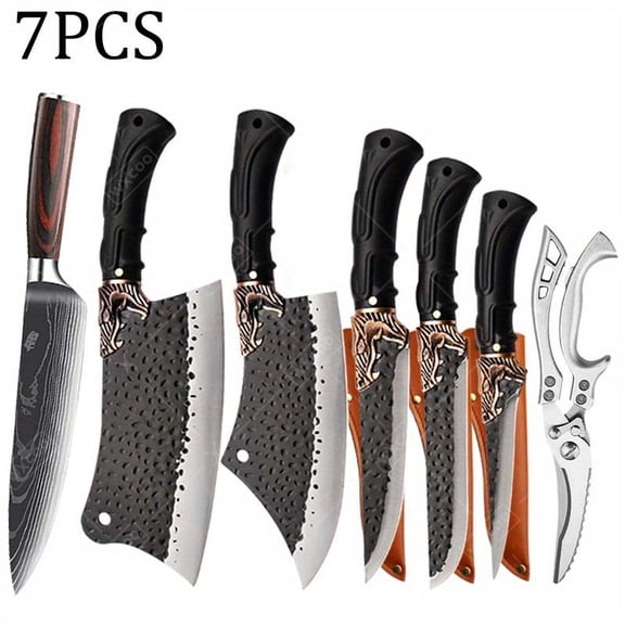 7PCS Professional Kitchen Chef Knife Set Includes Stainless Steel Handmade Forged Knives Vegetable Utility Boning Fish Meat Fruit Cutting Boning Duck Scissors for Cooking and Butcher Preparation