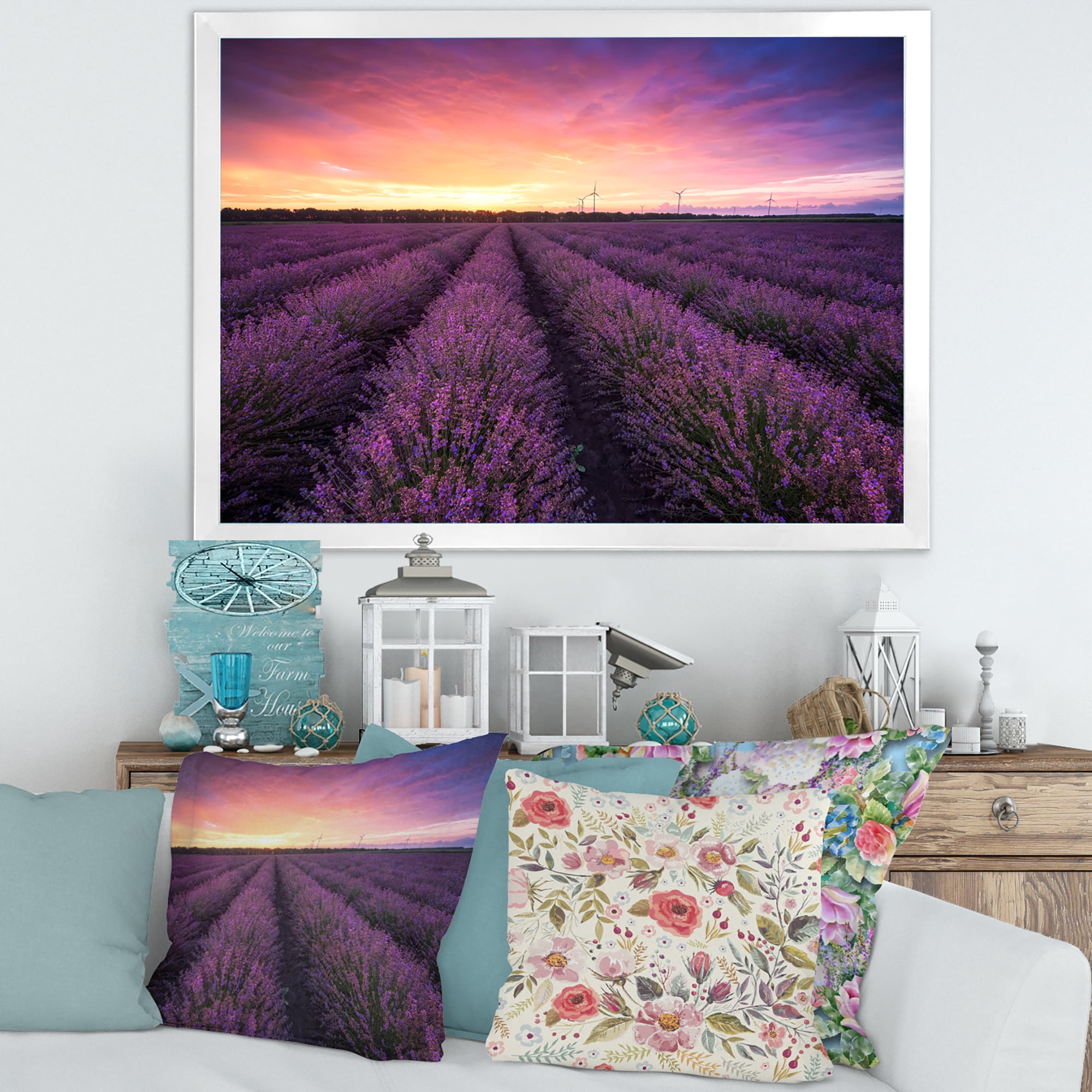 Designart 'Dramatic Clouds and Sunrise Over Lavender Field XIII' Farmhouse Framed Art Print