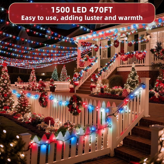 JINYUN-470FT Christmas Lights Outdoor, 1500 LED Christmas Tree Decoration Lights with 12 Modes & Timer Memory, Dimmable Plug In Waterproof LED Xmas Light for Yard Wedding Party Holiday Red White & Bl