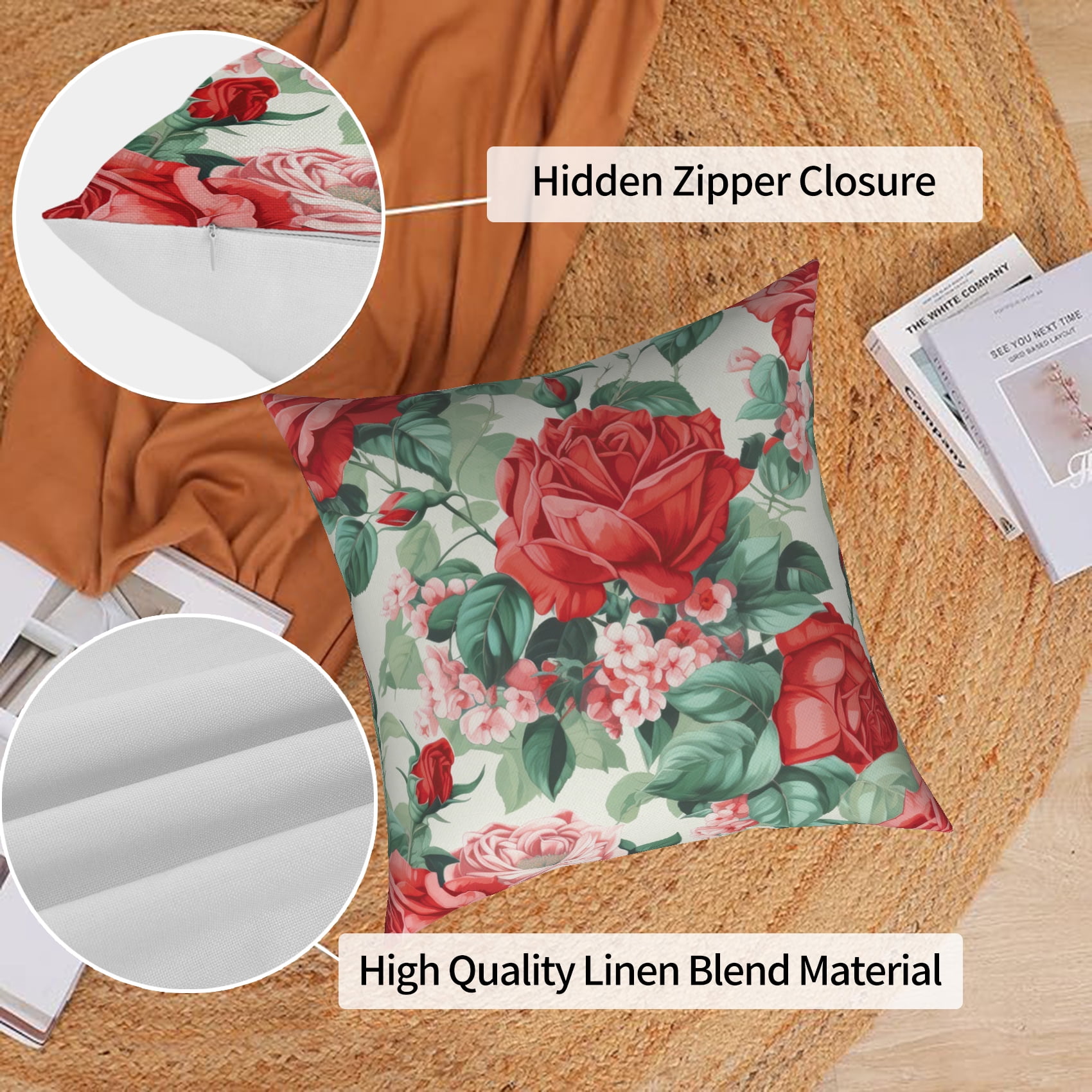 Pbobriich Red Romantic Roses Throw Pillow Covers Vintage Flower Bouquet Linen Square Pillowcases for Home Decor 16x16in,Set of 4