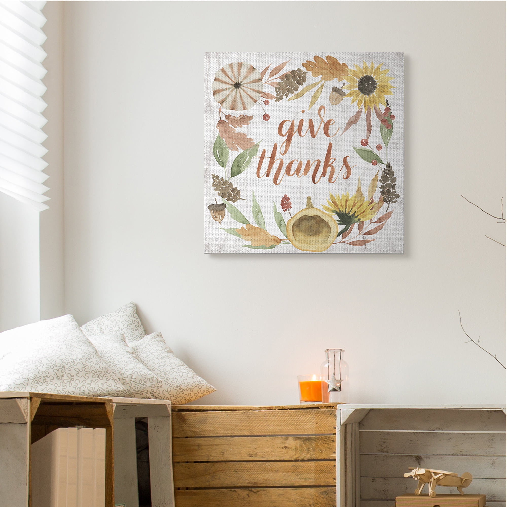 Stupell Industries Give Thanks Whimsical Typography Harvest Foliage Inspirational Painting Gallery Wrapped Canvas Art Print Wall Art, 36 x 36