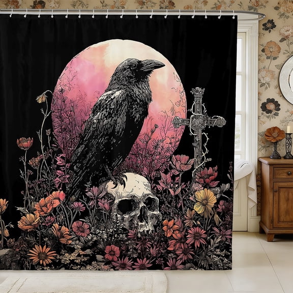 Manfei Gothic Skull Crow Shower Curtain 72Wx72L,Vintage Flowers Bathroom Curtain