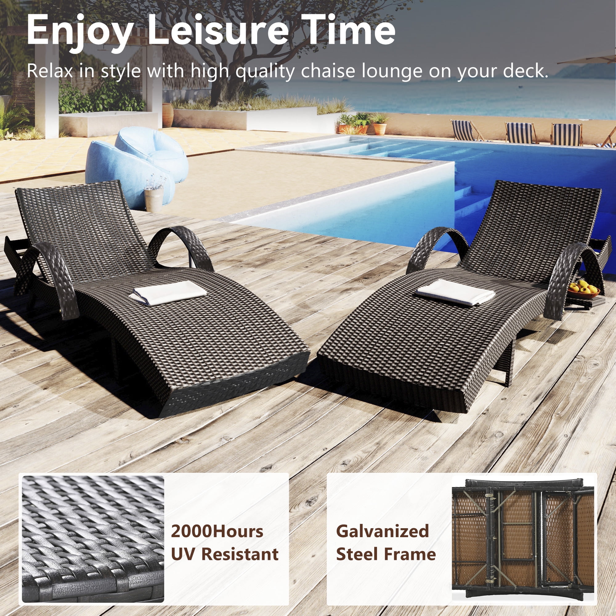 2 Pack Outdoor Wicker Reclining Lounge Chair, 5 Position Adjustable Backrest Pool Side Patio Lounger with Pull Out Side Table, Dark Brown