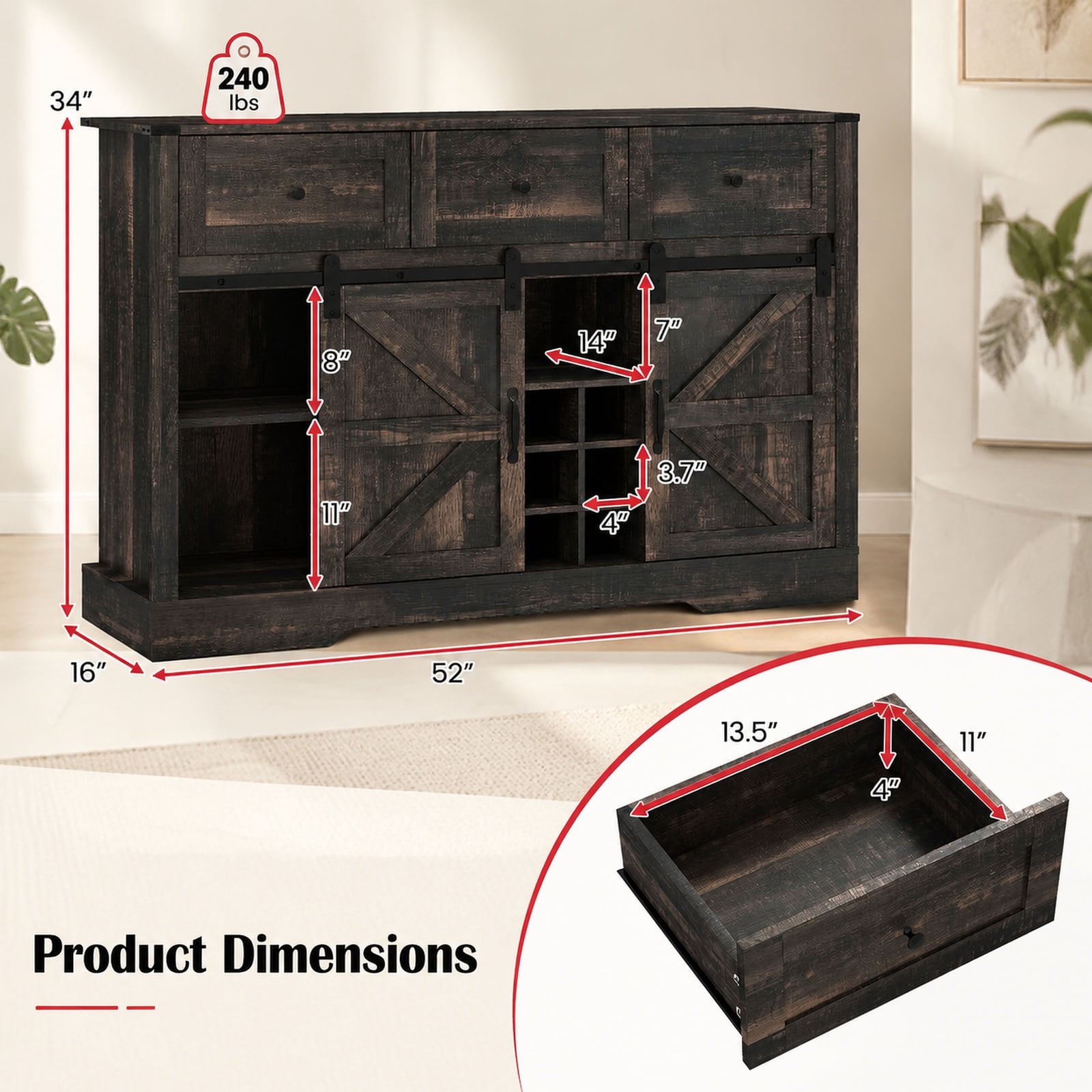Furnibear 52 Inches Wine Bar Cabinet with LED Lights and Sliding Barn Doors for Living Room Kitchen Dining Home Bar Wine Storage, Black