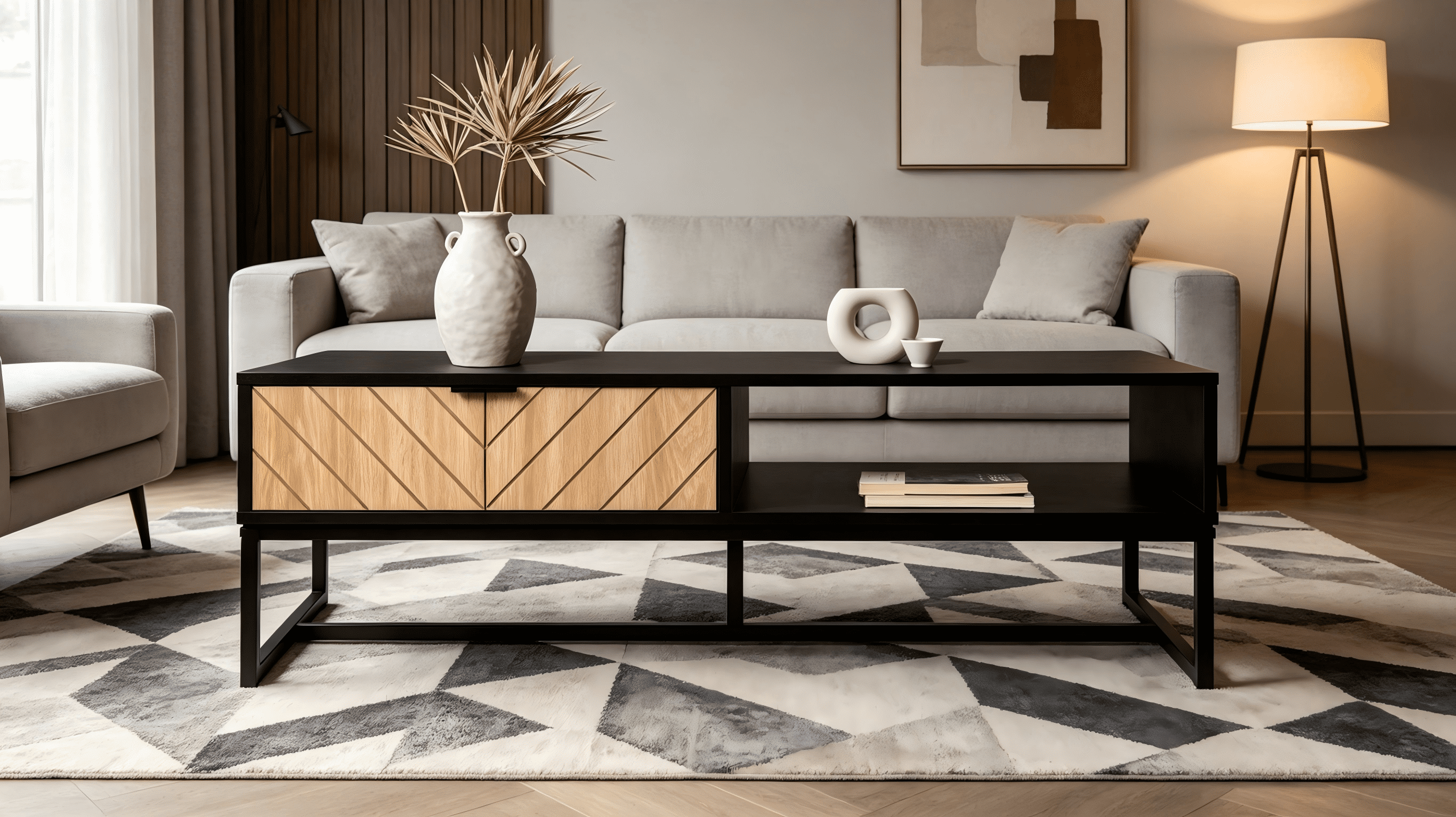 Modern TV Stand, Black Media Console with Natural Wood Drawer & Open Storage Cubby, Entertainment Center for Living Room
