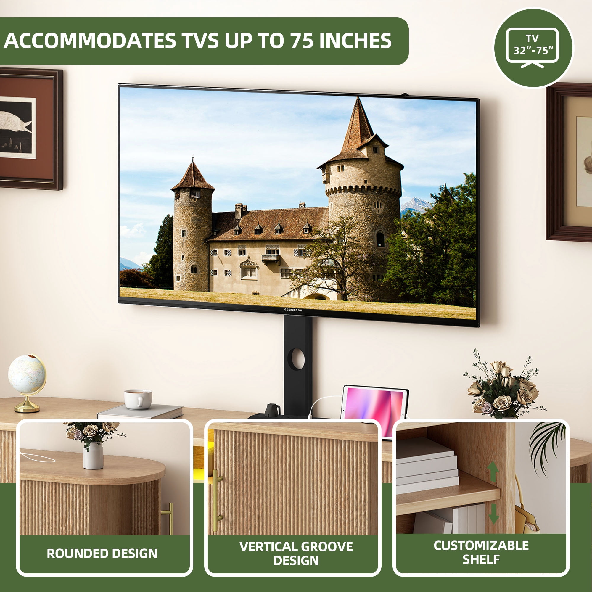 Uforic 65" TV Stand with Mount for 32-75" TVs, Height Adjustable Fluted Entertainment Center, Oak