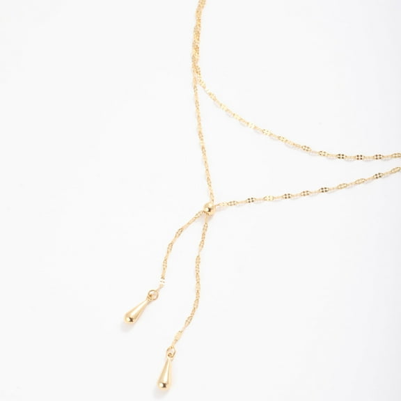 14K Real Gold Layered Lariat Necklace. Multi Strand Necklace, 17" Inch, For Women