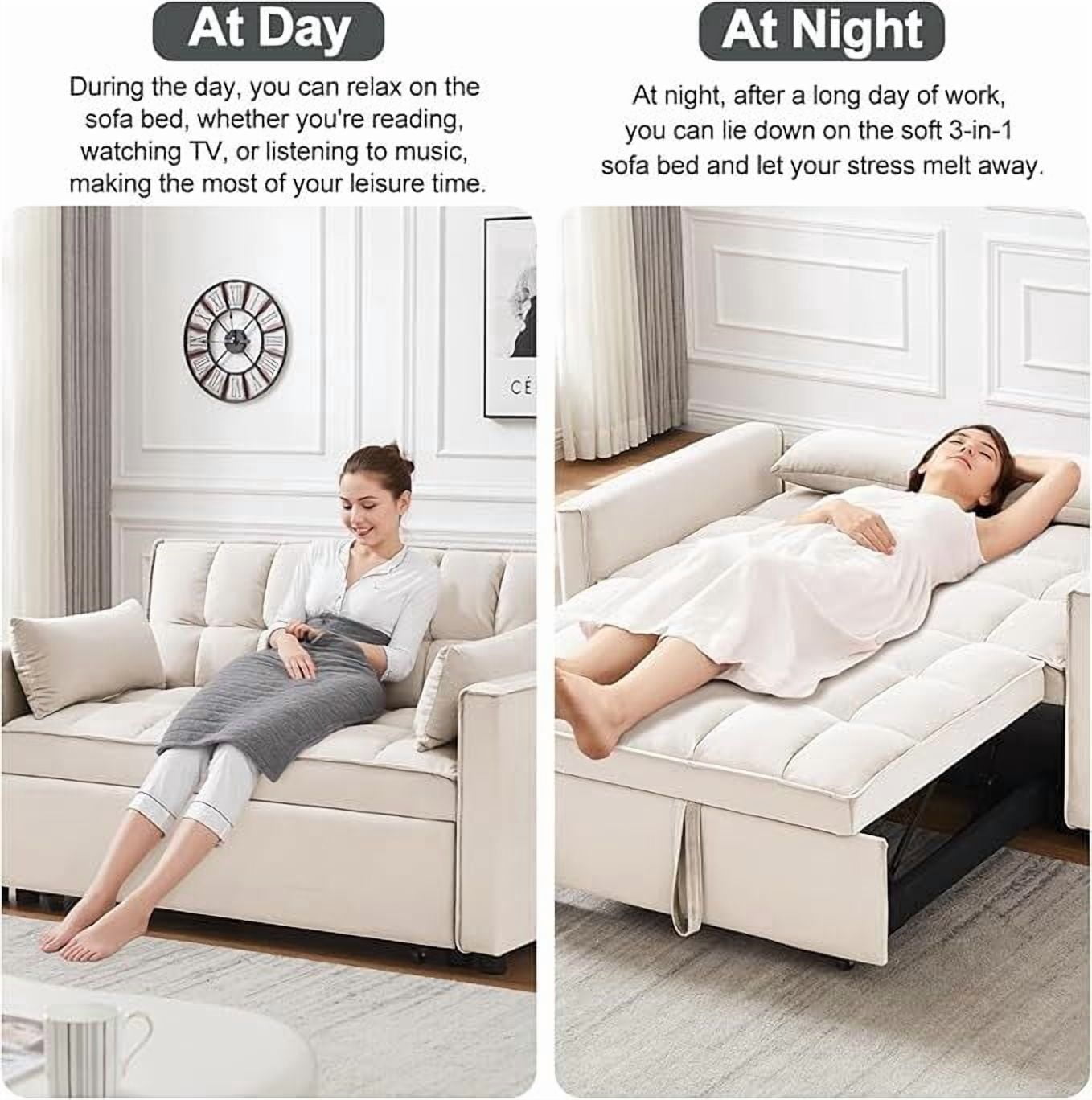 ShiKeyi 3 in 1 Convertible Sleeper Futon Sofa Bed, 55" Pull Out Sofa Bed with Storage Pocket/Side Pocket/2 Pillows for Living Room, Beige
