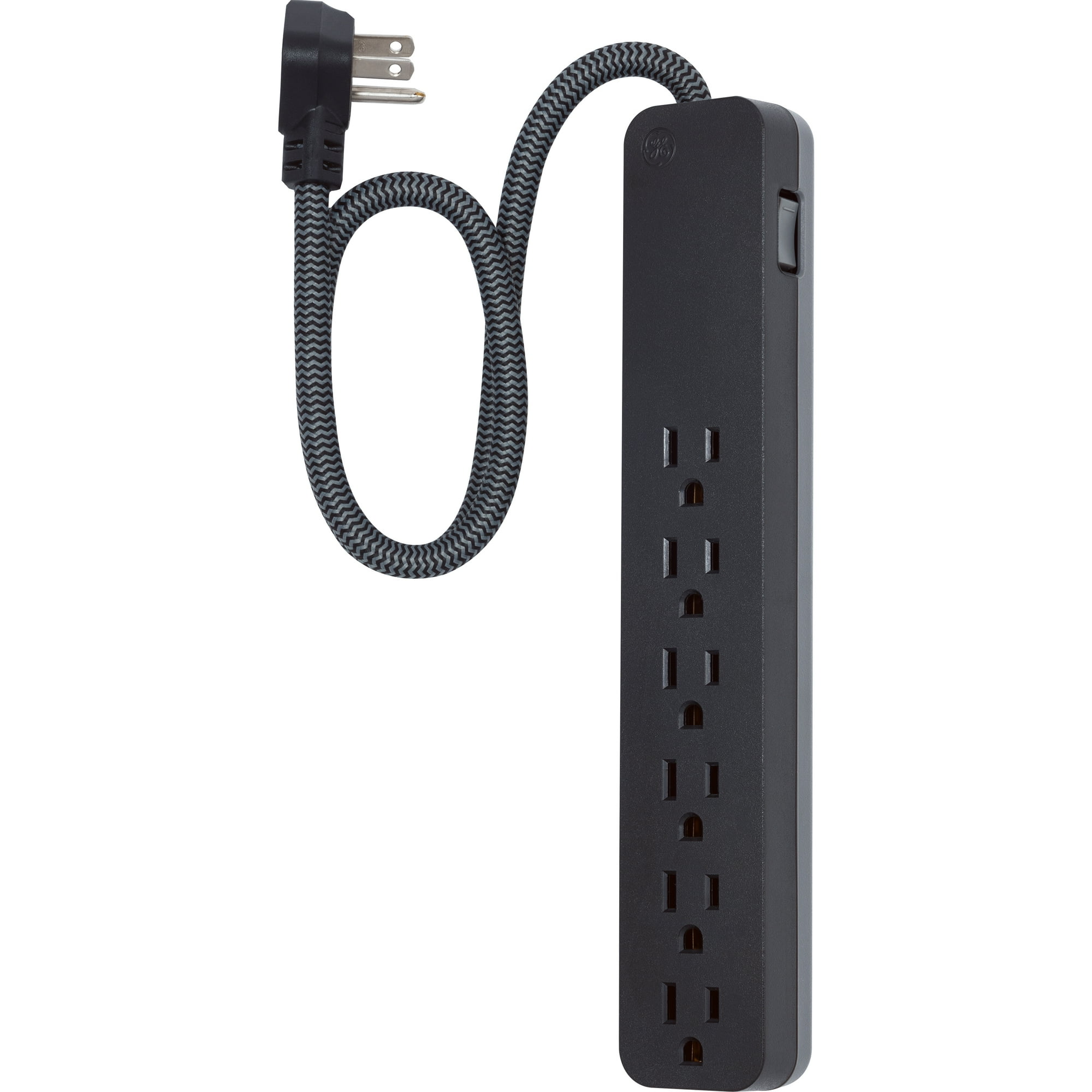 GE Pro 6-Outlet Surge Protector Power Strip, 2 Ft Braided Extension Cord, Flat Plug, On Off Switch, Black, 44070