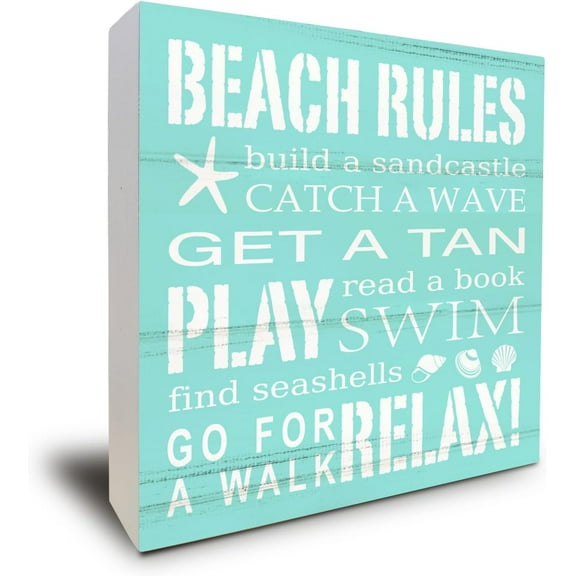 Beach Theme Decor, Beach Rules, Summer Beach Decorations For Home, Summer Decor, Beach Theme House Decor Wood Box Sign Block For Living Room Bedroom For Shelf Tabletop Decoration 5x5 Inch
