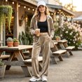 thumbnail image 5 of Szluipve Women Velvet 2 Piece Tracksuit Zip Up Hooded Long Sleeve Jacket High Waist Wide Leg Pants Casual Solid Loungewear Matching Set, 5 of 6