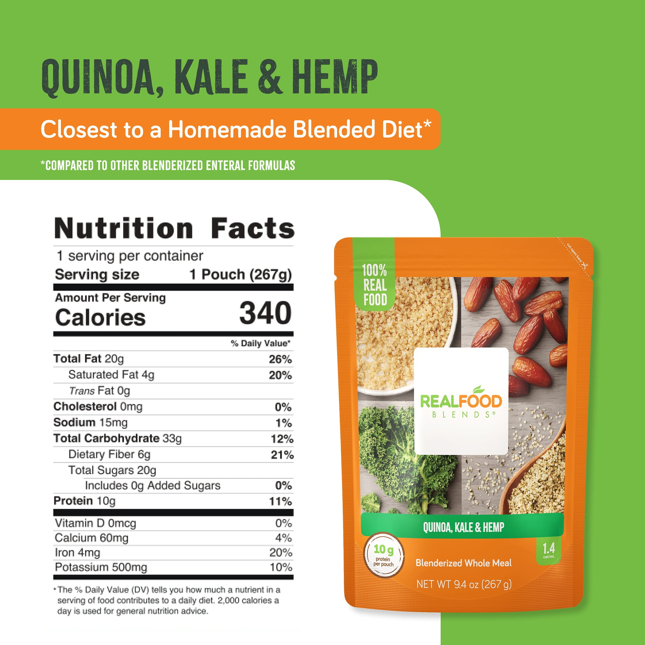 Real Food Blends Quinoa, Kale & Hemp - Pureed Food Meals for Tube Feeding with Protein, Vegetables & Fruits -340 Calories for Breakfast, Lunch & Dinner - 9.4 oz (Pack of 12)