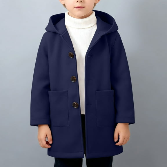 UQJfacai Boys Girls Pea Coats Kids Wool Blend Hooded Trench Coat Fall Jackets Winter Single Breasted Overcoat with Pockets 2-10 Years