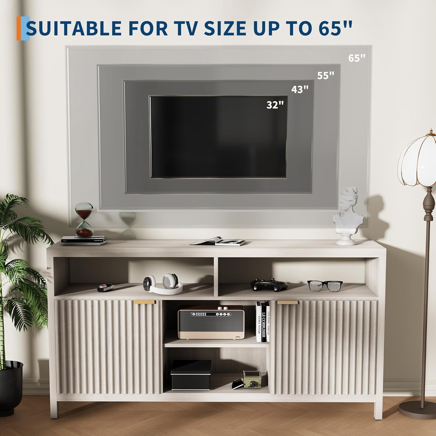 59" Fluted TV Stands for Living Room, Mid Century Modern Entertainment Center with Adjustable Shelves and Open Storage, TV Console for Bedroom, Apartment