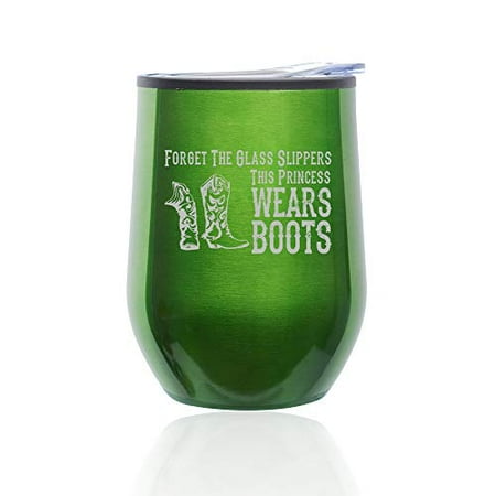

Stemless Wine Tumbler Coffee Travel Mug Glass with Lid Princess Wears Boots Cowgirl (Green)