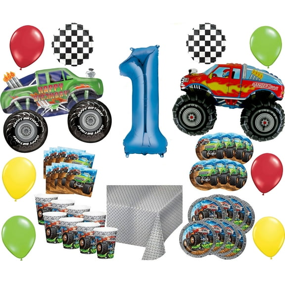 Mayflower Products Monster Truck Rally 1st Birthday Party Supplies 8 Guest Decoration Kit with Green and Red Monster Truck Balloon Bouquet